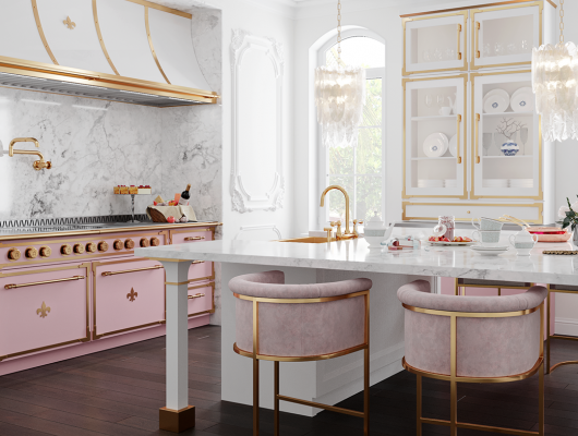 Pink L'atelier stove in bright white kitchen